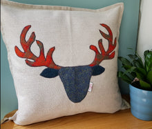 Load image into Gallery viewer, Harris Tweed appliqued Stag Head Cushion
