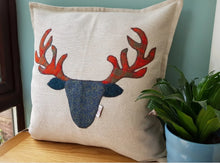Load image into Gallery viewer, Harris Tweed appliqued Stag Head Cushion

